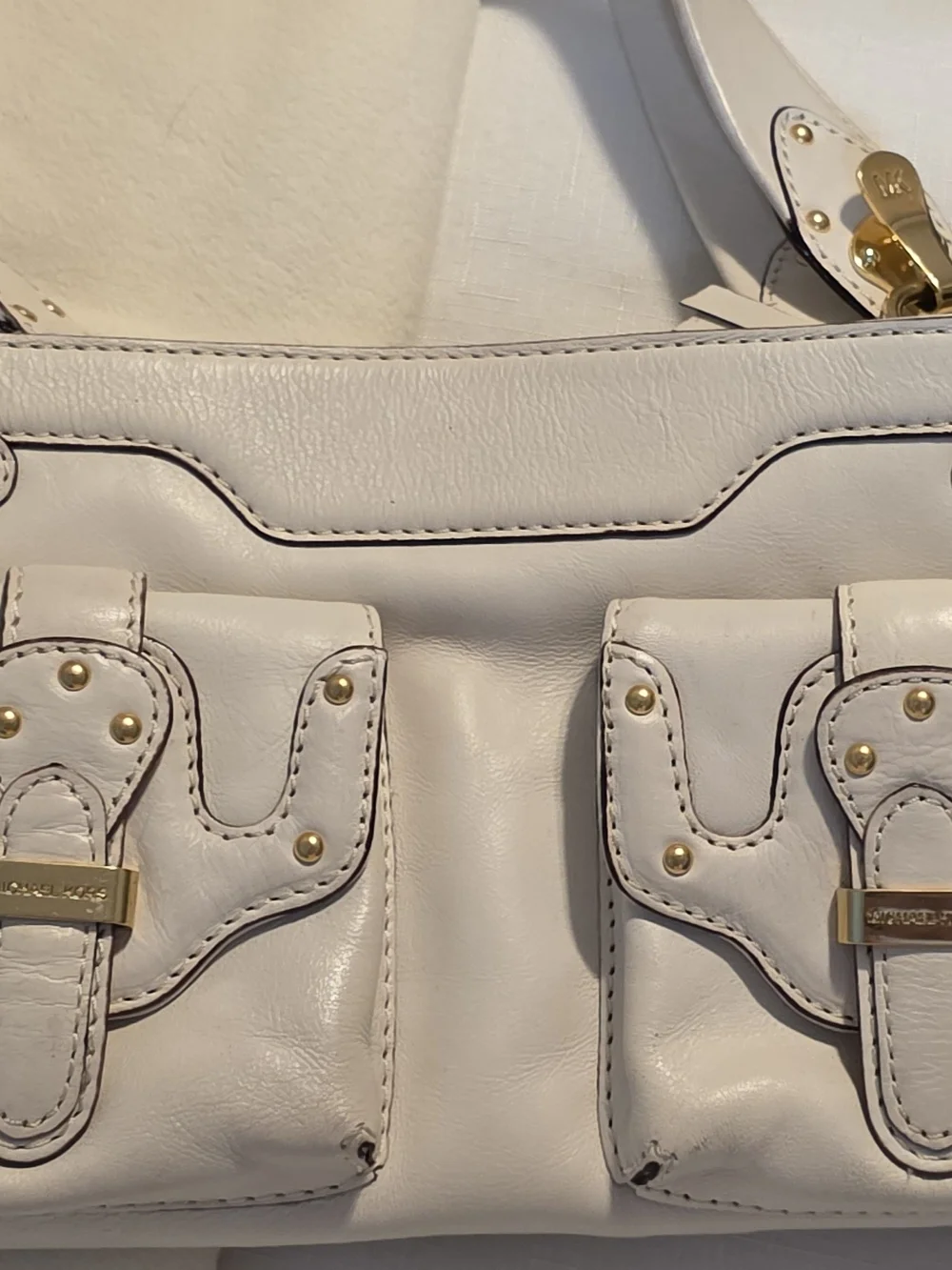 White Leather Shoulder Bag with Front Pockets
